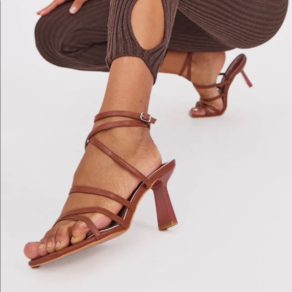 Pretty Little Thing Chocolate Wide Fit Strappy Cross Over Heeled Sandals